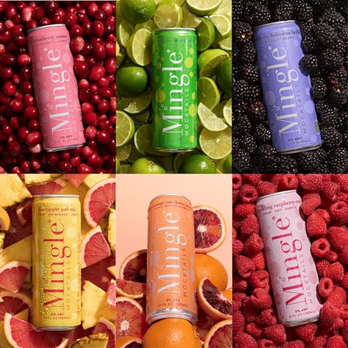Mingle Mocktails Flavors, Non Alcoholic Drinks, Alcohol Alternative Pre-Mixed Drinks with Real Juice, Canned Mocktails or Cocktail Drink Mixer, Gluten Free, Vegan, 12 fl oz Cans