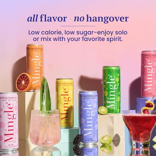 Mingle Mocktails Flavors, Non Alcoholic Drinks, Alcohol Alternative Pre-Mixed Drinks with Real Juice, Canned Mocktails or Cocktail Drink Mixer, Gluten Free, Vegan, 12 fl oz Cans
