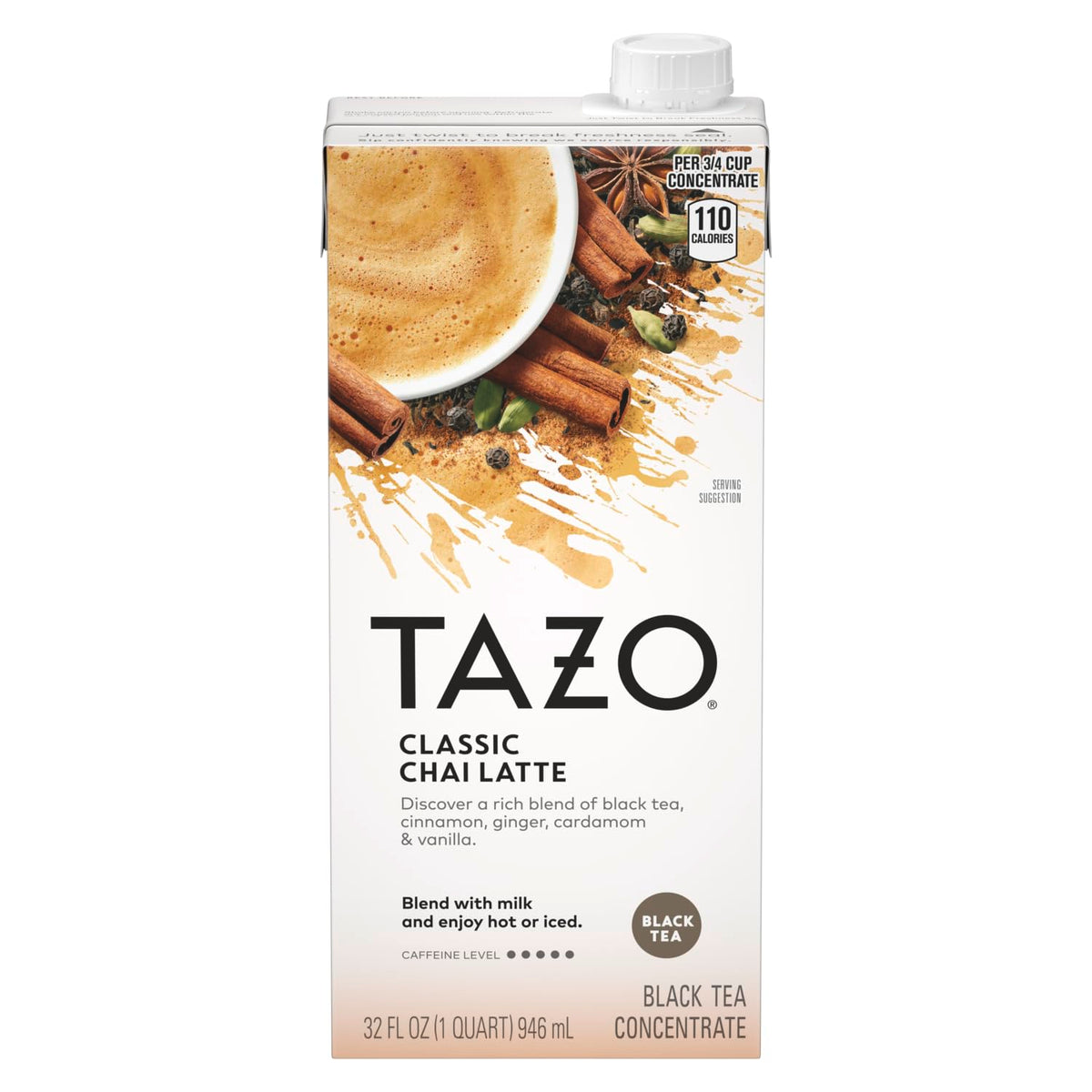 TAZO Classic Chai Latte, Black Tea Concentrate, Easy-to-Serve Caffeinated Chai Tea for Everyday Lattes, Mocktails and Hot or Iced, 32 oz Carton