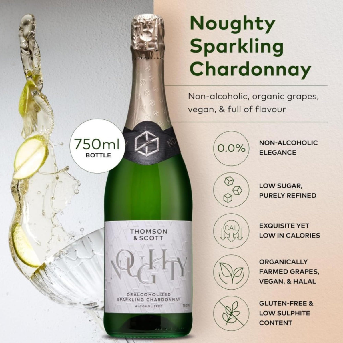 Thomson & Scott Noughty, Alcohol Free, Organic Sparkling Chardonnay, Non Alcoholic Sparkling White Wine, Low-Sugar, Halal Certified, Vegan, 750ml