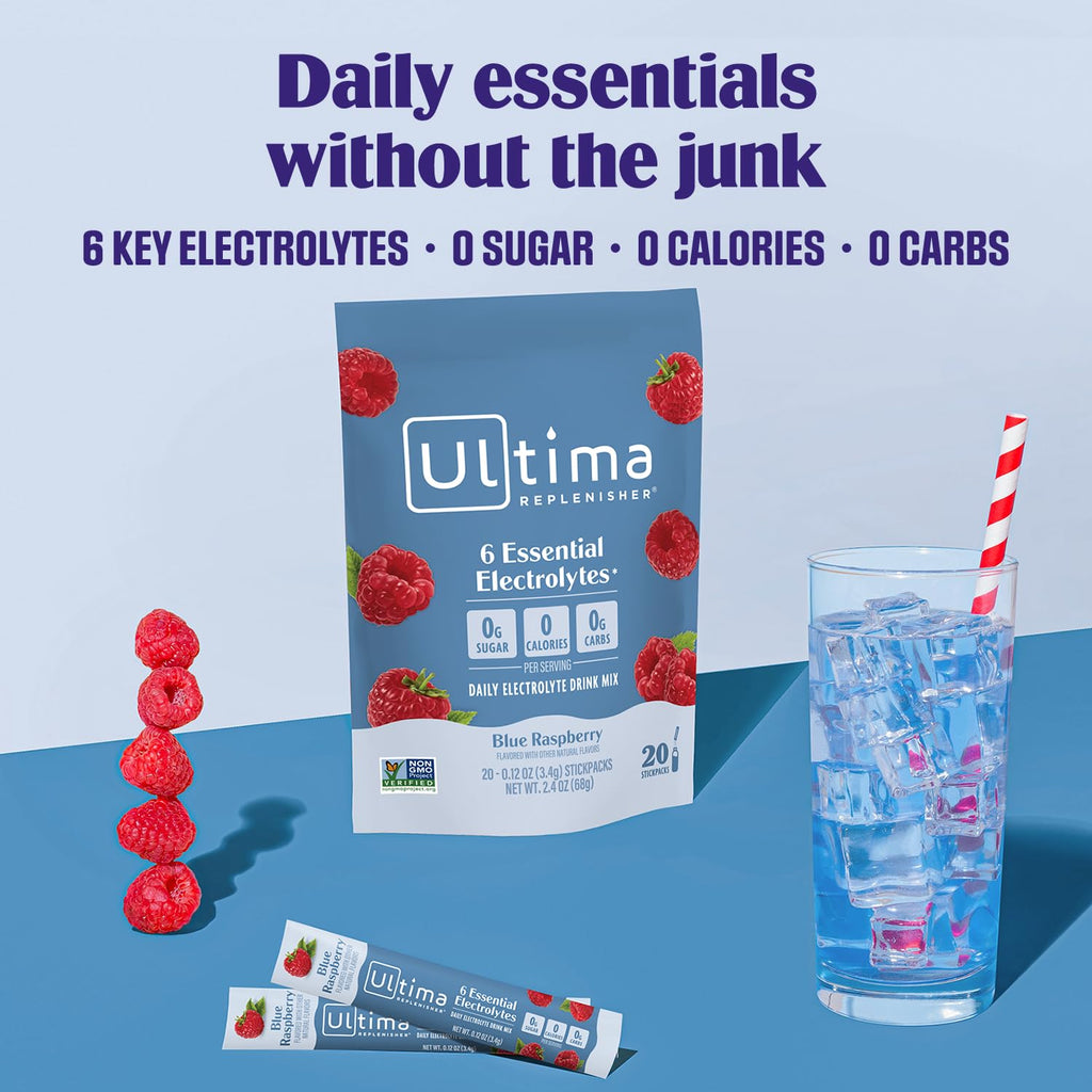 Ultima Replenisher Daily Electrolyte Powder – Watermelon, 20 Stickpacks – Zero Sugar Hydration Packets with 6 Electrolytes and Minerals – Sugar Free, Plant Based & Keto Friendly Drink Mix