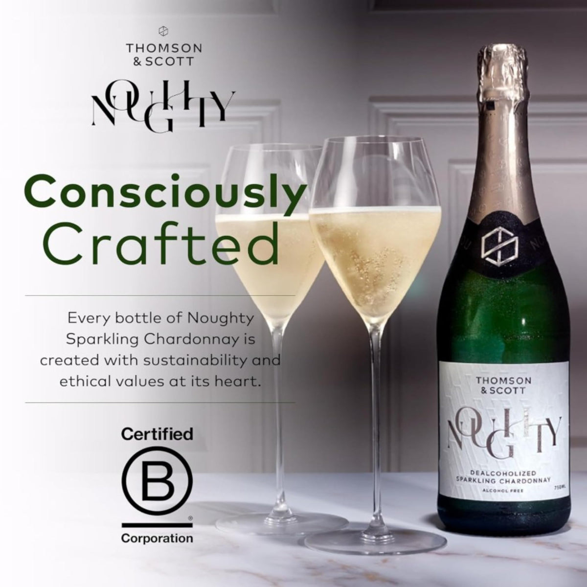 Thomson & Scott Noughty, Alcohol Free, Organic Sparkling Chardonnay, Non Alcoholic Sparkling White Wine, Low-Sugar, Halal Certified, Vegan, 750ml