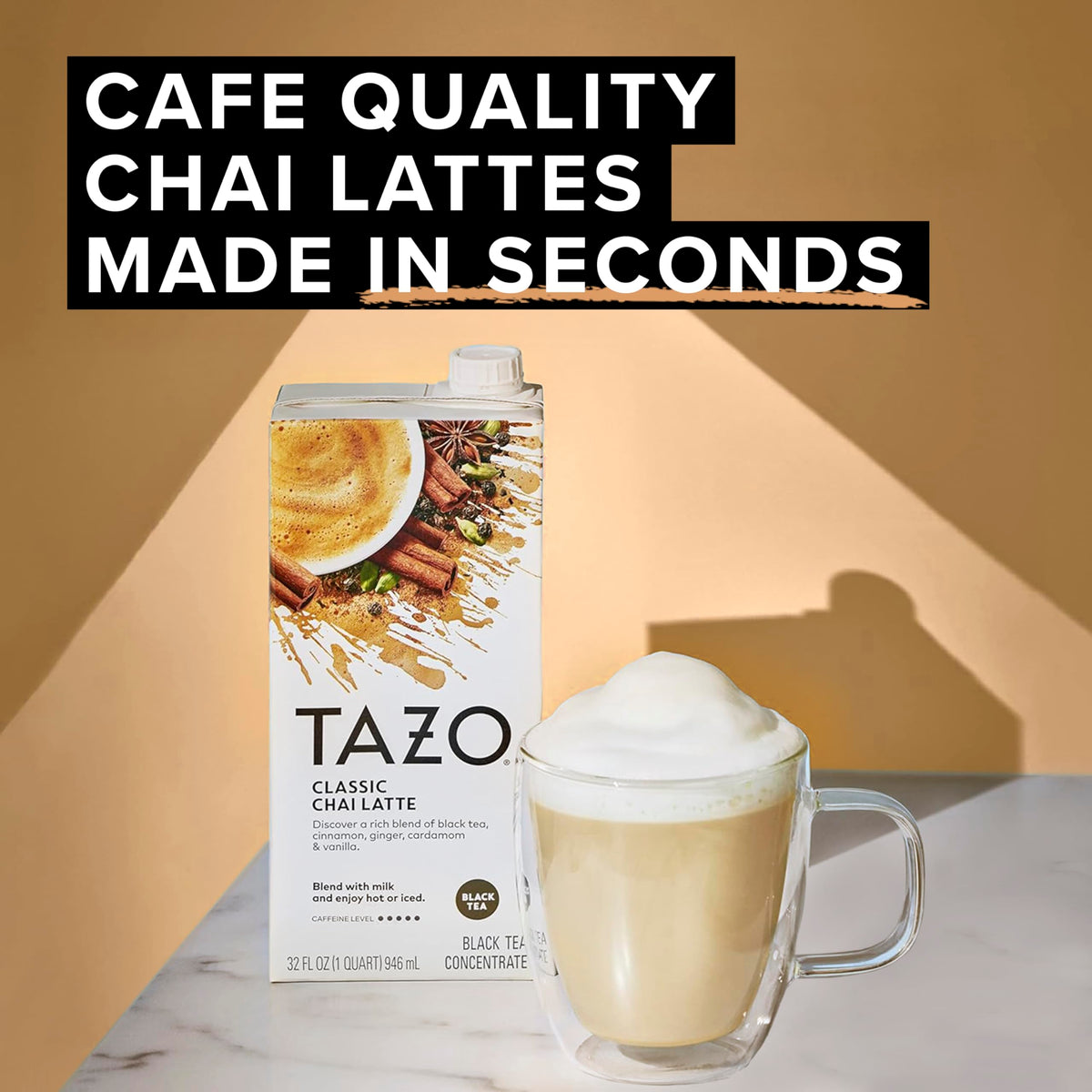 TAZO Classic Chai Latte, Black Tea Concentrate, Easy-to-Serve Caffeinated Chai Tea for Everyday Lattes, Mocktails and Hot or Iced, 32 oz Carton