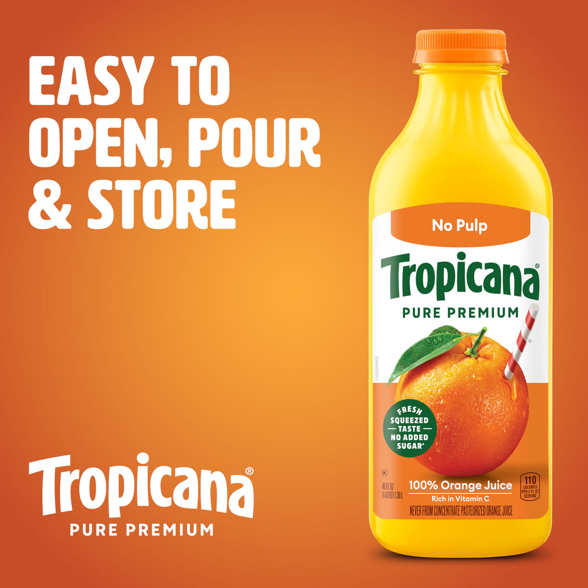 Tropicana Pure Premium 100% Orange Juice Original, No Pulp, No Sugar Added, 46 fl oz
