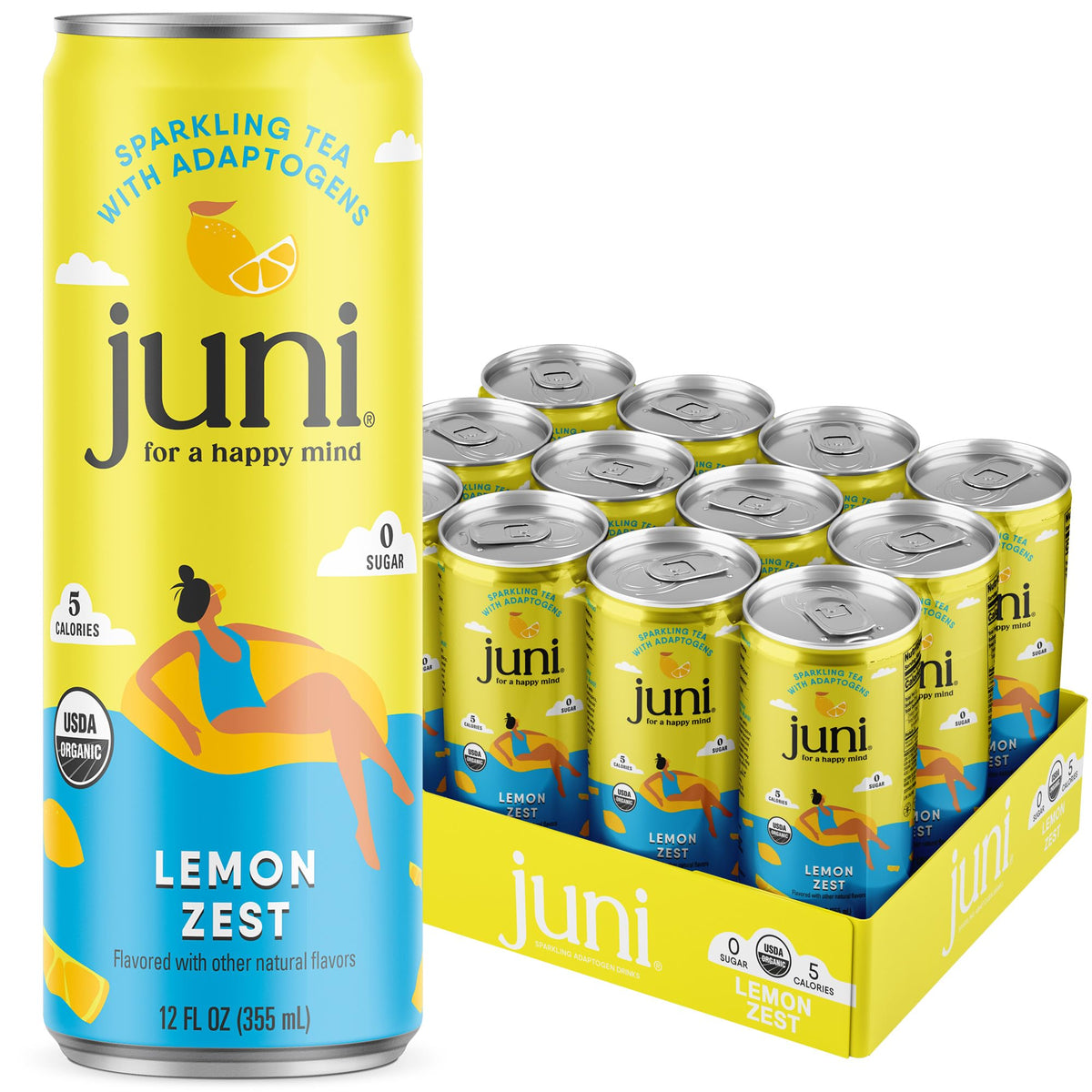 Juni Sparkling Adaptogen Drink, Mood and Focus, 12 pack | Ashwagandha, Lion’s Mane & Reishi Mushrooms, Green Tea, Zero Sugar, Organic Non Alcoholic Drinks