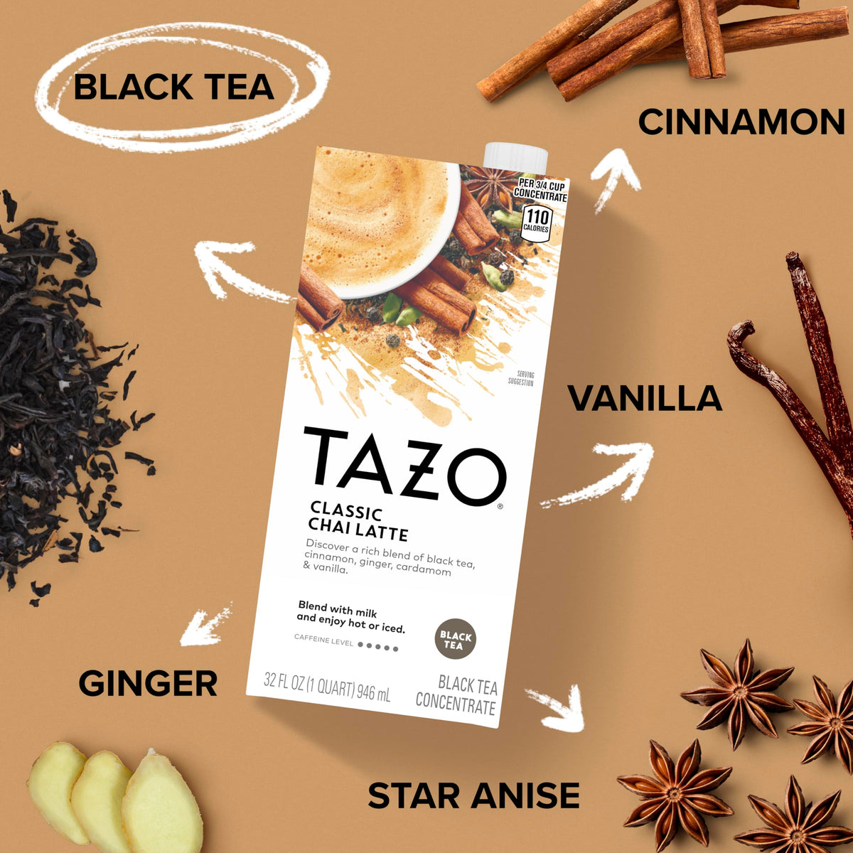 TAZO Classic Chai Latte, Black Tea Concentrate, Easy-to-Serve Caffeinated Chai Tea for Everyday Lattes, Mocktails and Hot or Iced, 32 oz Carton