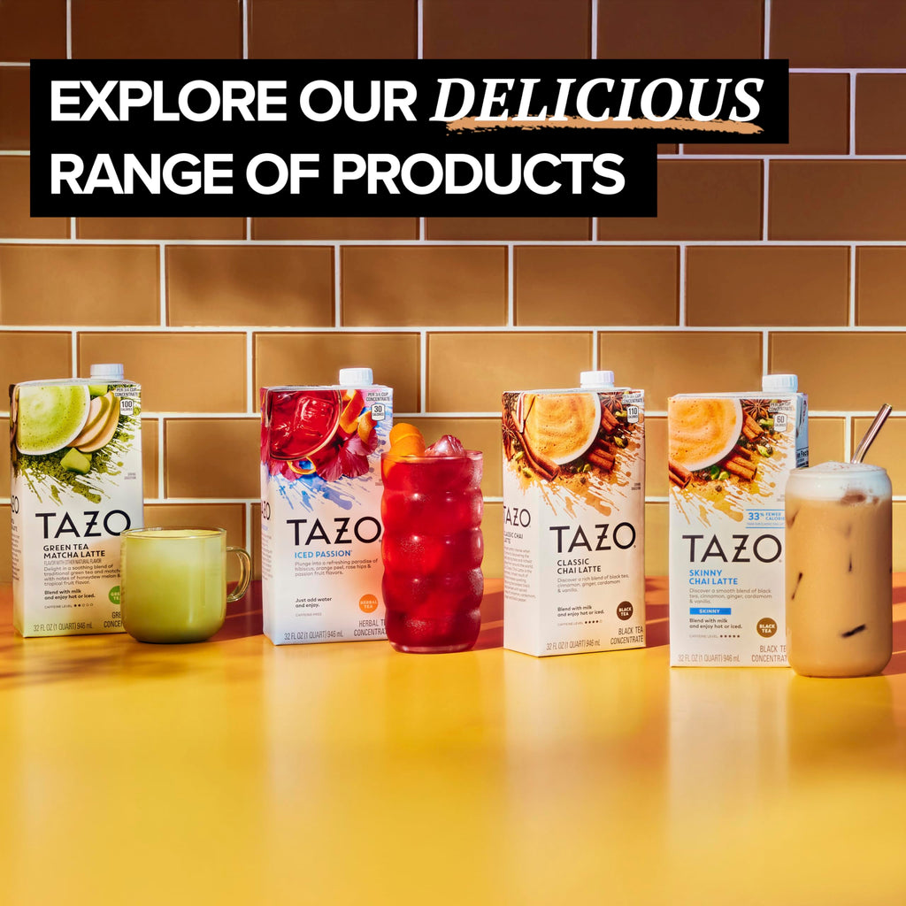 TAZO Classic Chai Latte, Black Tea Concentrate, Easy-to-Serve Caffeinated Chai Tea for Everyday Lattes, Mocktails and Hot or Iced, 32 oz Carton