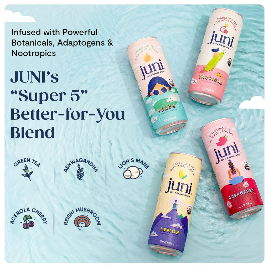 Juni Sparkling Adaptogen Drink, Mood and Focus, 12 pack | Ashwagandha, Lion’s Mane & Reishi Mushrooms, Green Tea, Zero Sugar, Organic Non Alcoholic Drinks