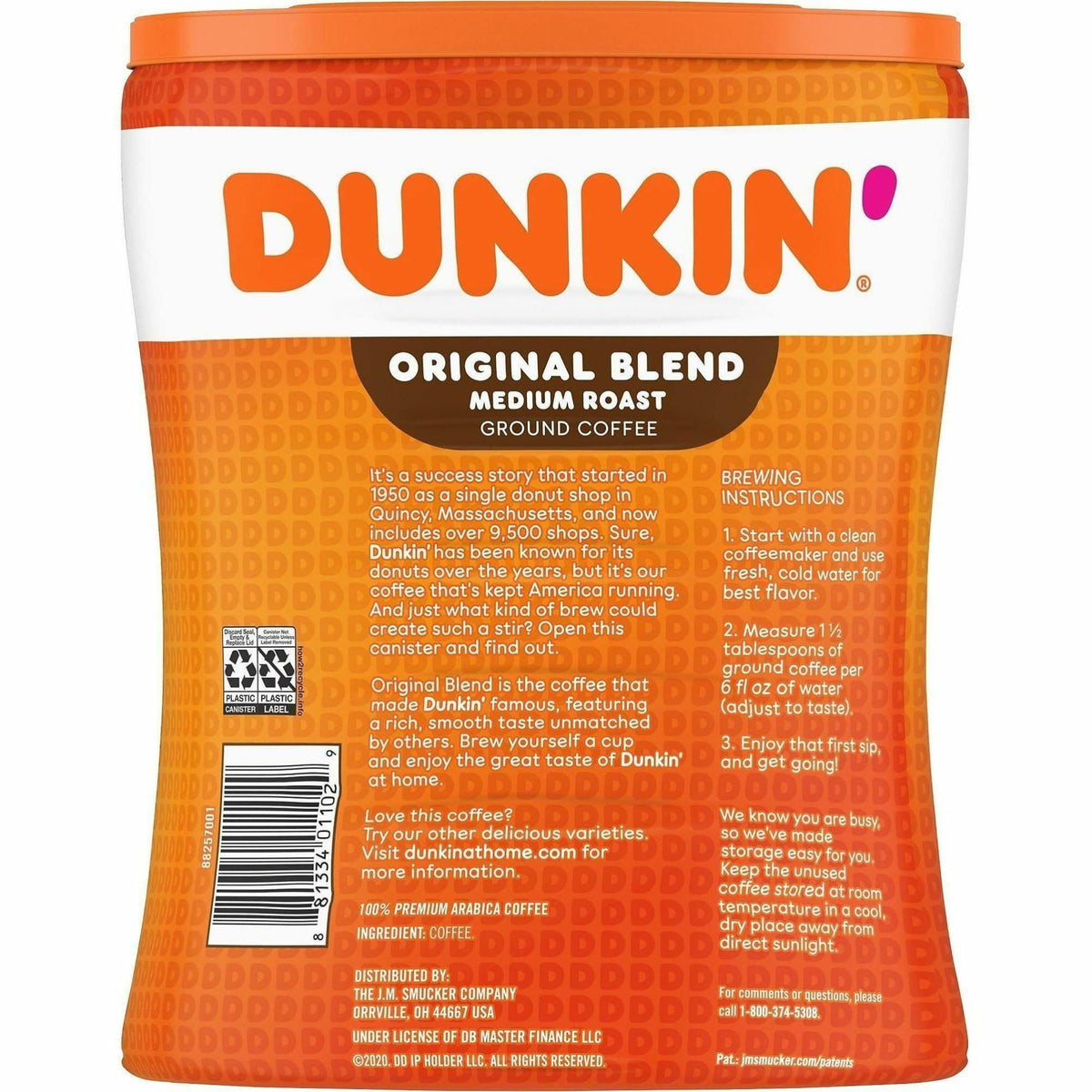 Dunkin' Original Blend Ground Coffee, Medium Roast, 30-Ounce Canister (Pack of 4)